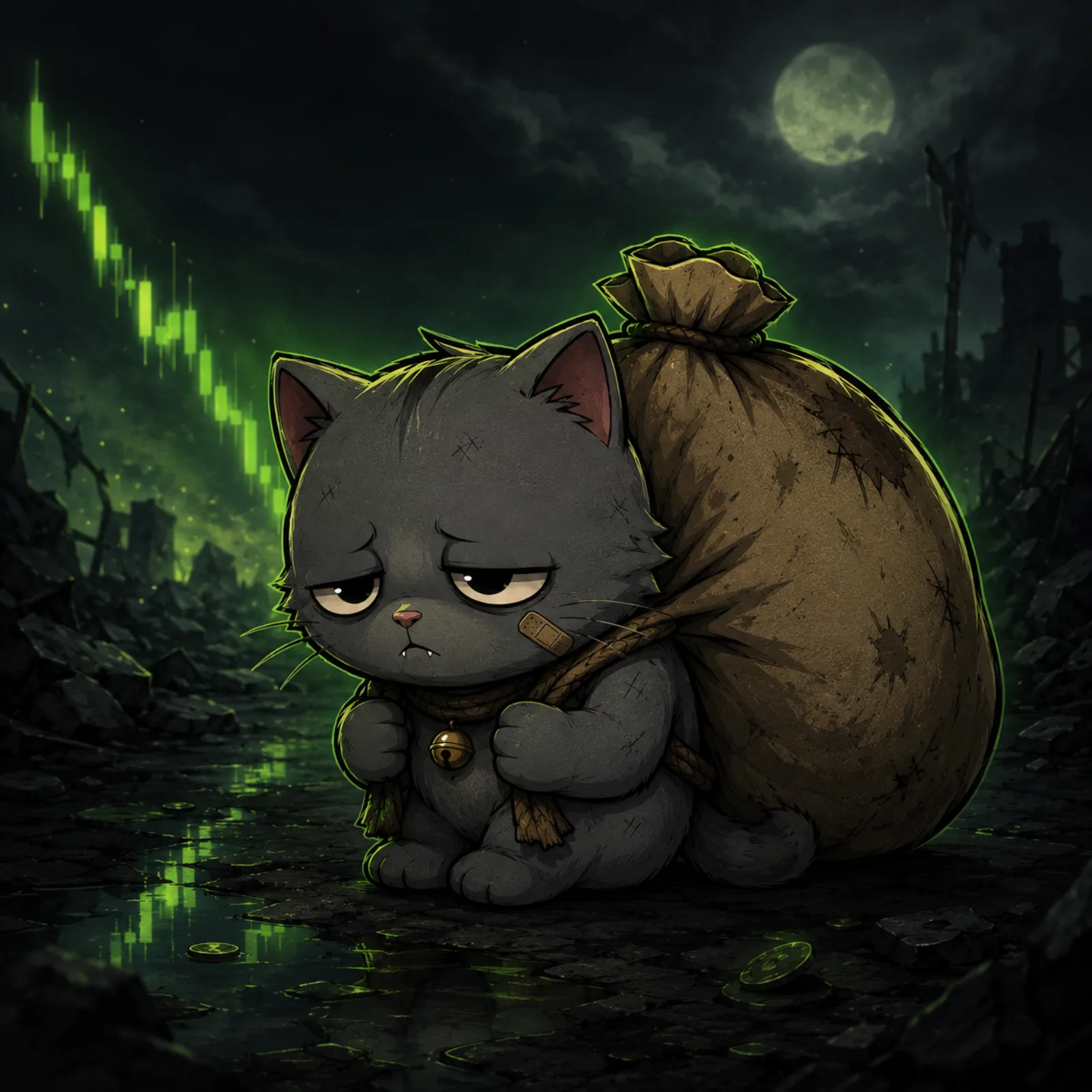 Bag Cat slumped in the rubble under a falling chart