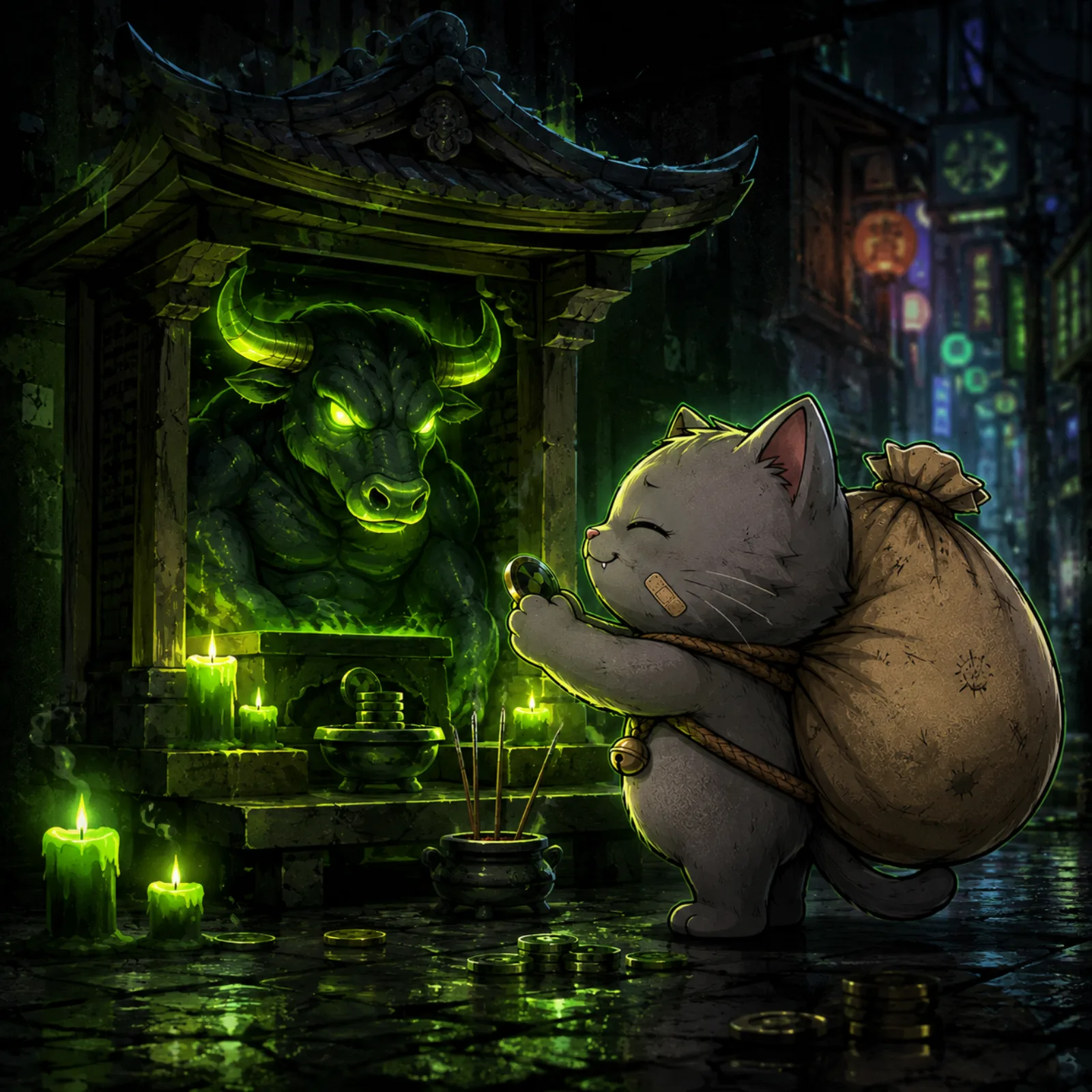 Bag Cat offering a single coin at a shrine to the Black Bull