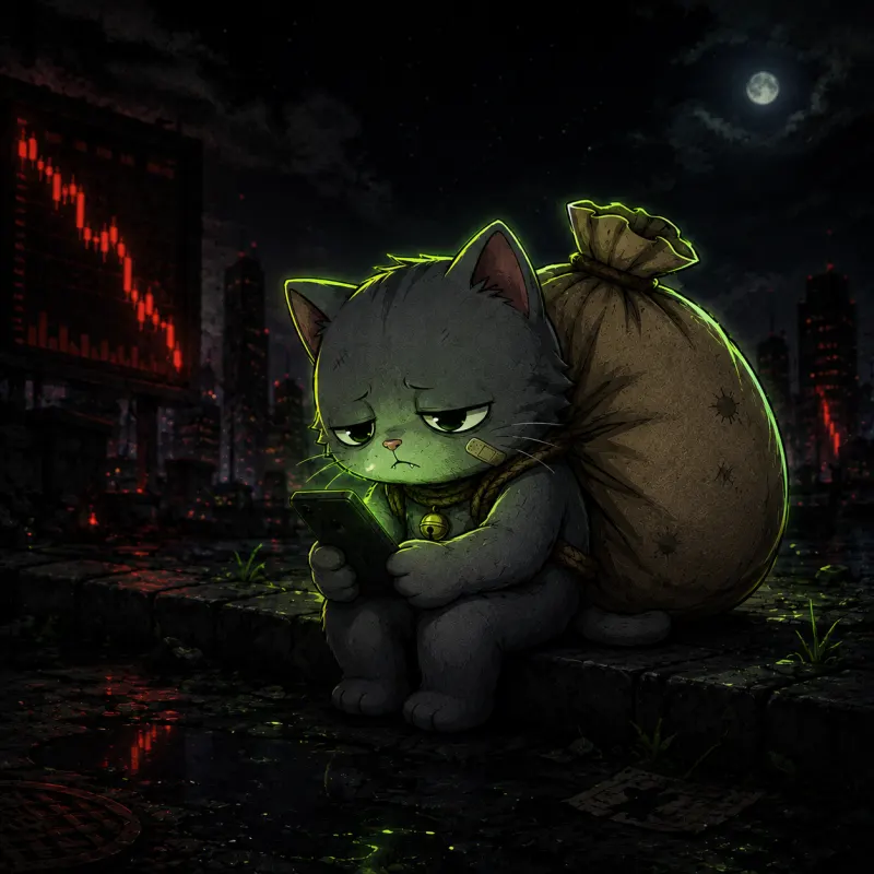 Bag Cat alone at night under red candles, watching his phone